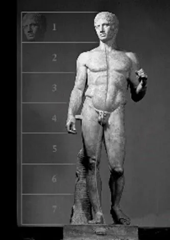fotografía de una estatua y junto las lineas que dividen el cuerpo en 7 partes 