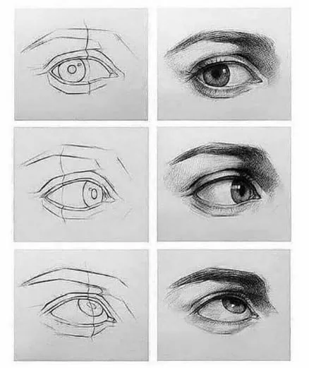 ejercicio de dibujo y sombras de un ojo en diferentes posiciones