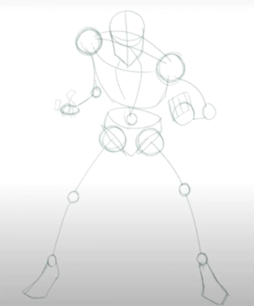 Dibujo con palos y círculos de un personaje de comic siguiendo los consejos de nuestra guía de dibujo 