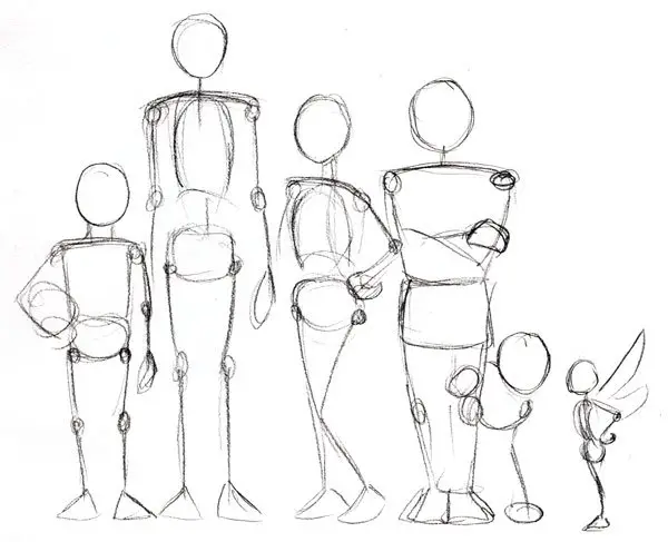 Dibujo proporciones, personas dibujadas en diferentes poses y con diferentes edades 