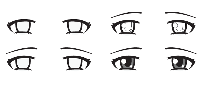 Ojos anime tristes con cejas curvas