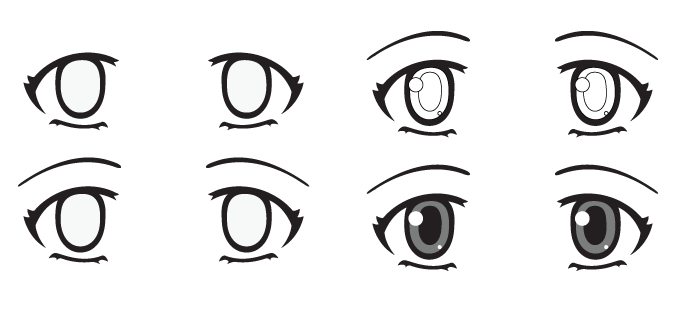 Ojos anime sorprendidos abiertos con cejas altas