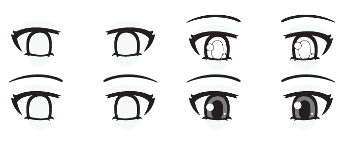 Ojos anime tímidos mirando hacia abajo