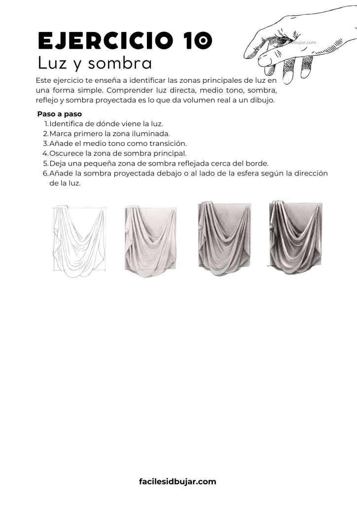 Ejercicio imprimible de luces y sombras en cinco pasos