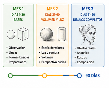 Cronograma de práctica de dibujo dividido en tres meses para principiantes.