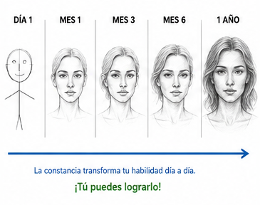 Evolución de un dibujo desde el primer día hasta un año de práctica constante.