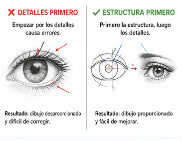 Comparación entre dibujar detalles primero y construir la estructura básica antes de añadir detalles.