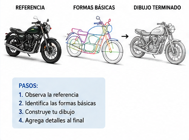 Proceso para simplificar una motocicleta en formas básicas antes del dibujo final.