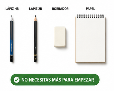 Lápices HB, lápiz 2B, borrador y papel para aprender dibujo.