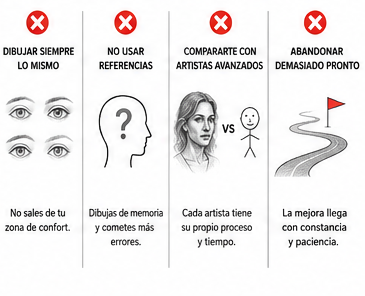 Errores frecuentes que frenan el progreso en dibujo como no usar referencias o abandonar demasiado pronto.