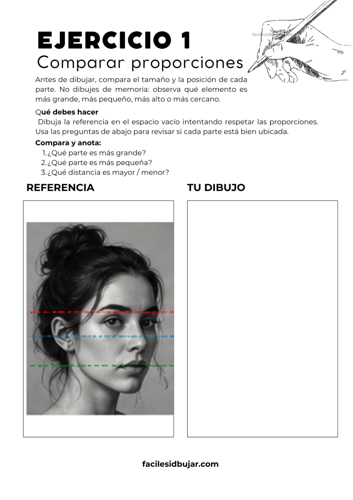 Plantilla de dibujo para practicar proporciones del rostro comparando tamaños y posiciones faciales.