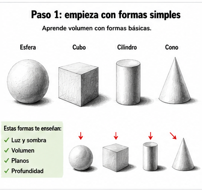 Esfera, cubo, cilindro y cono usados para practicar luces y sombras en dibujo