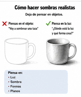 Comparación entre pensar en objetos y pensar en luz para sombrear dibujos