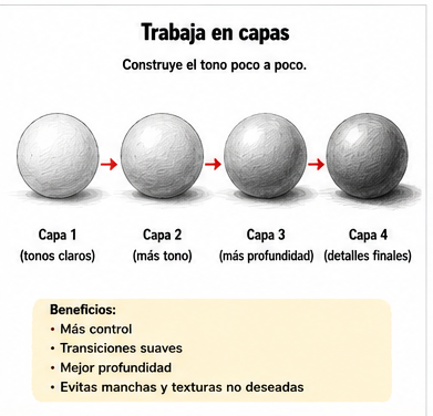 Proceso de sombreado por capas desde tonos claros hasta sombras profundas