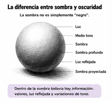 Esfera explicando luz, medio tono, sombra y luz reflejada en dibujo