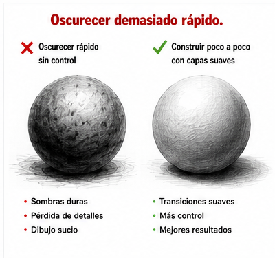 Ejemplo de error común al hacer sombras en dibujo usando demasiado grafito desde el inicio