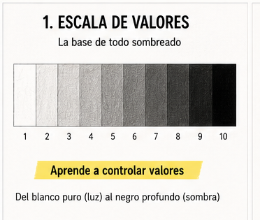 Escala de valores en dibujo desde blanco hasta negro para aprender sombreado