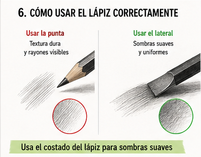Comparación entre usar la punta y el lateral del lápiz para sombrear dibujos