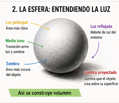 Esfera con luz principal, medio tono, sombra y sombra proyectada explicadas