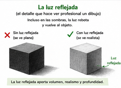 Ejemplo de luz reflejada en un cubo sombreado para crear realismo