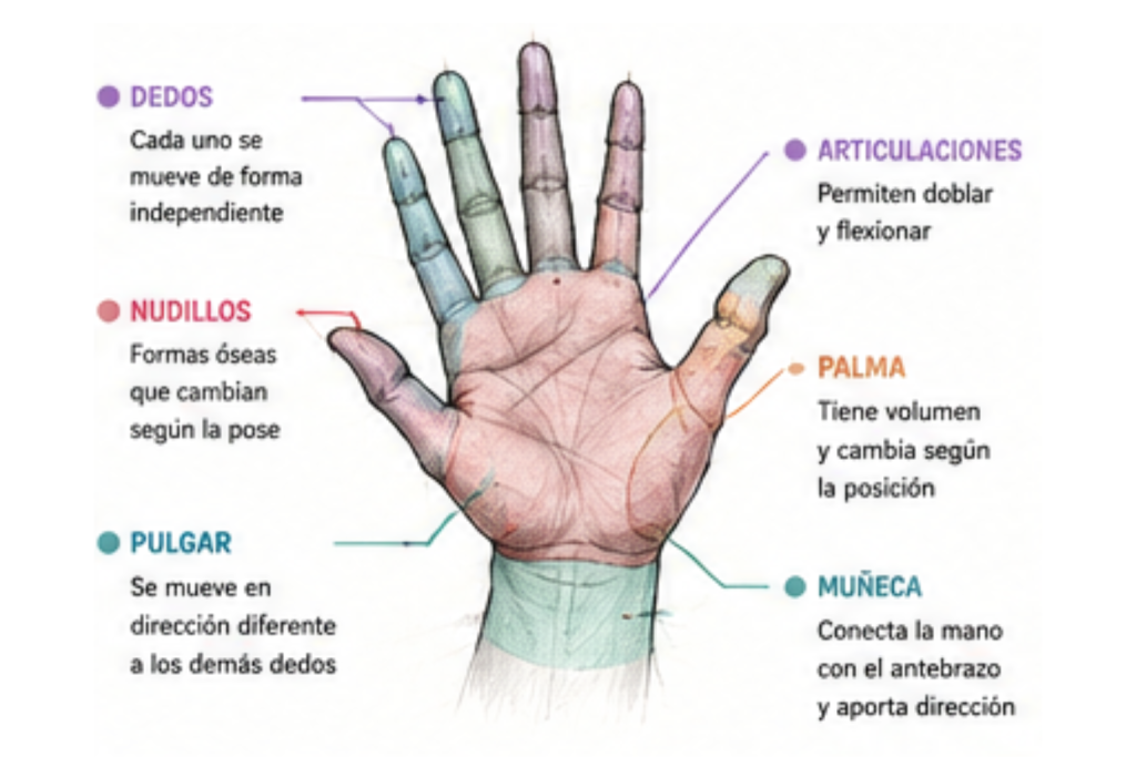 Anatomía básica de la mano con dedos, nudillos, palma, pulgar y muñeca explicados para dibujo