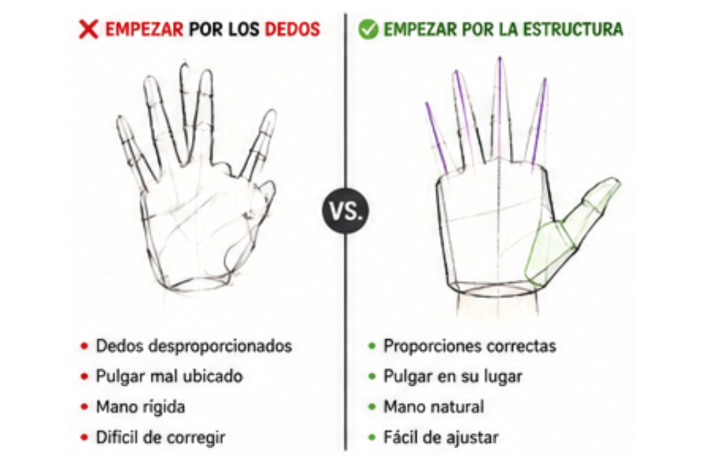 Comparación entre empezar a dibujar manos por los dedos o por la estructura básica