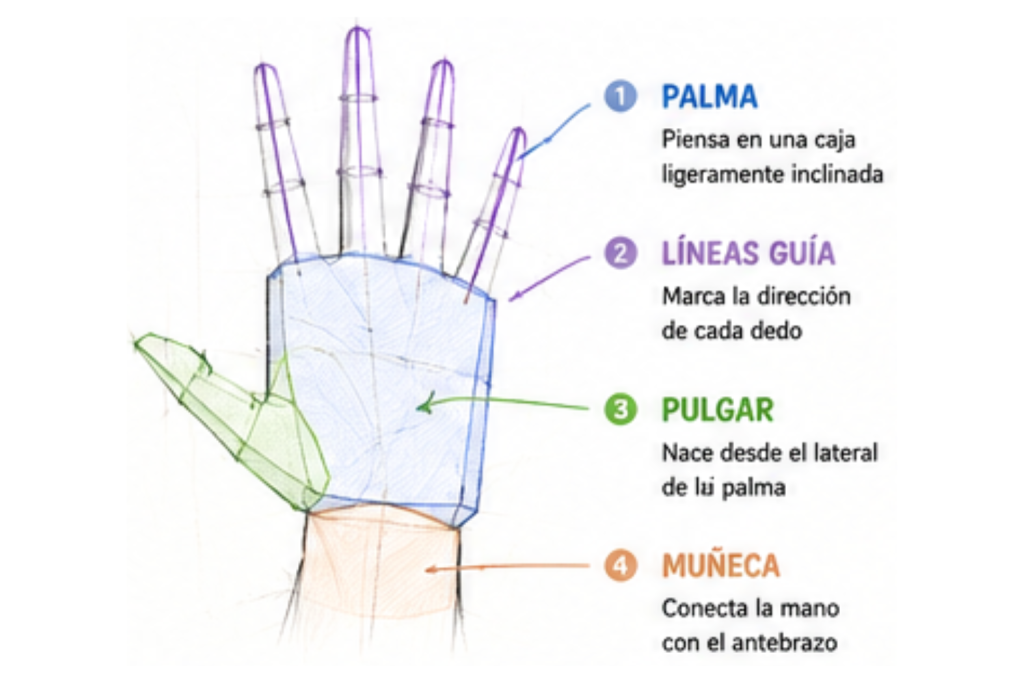 Estructura geométrica para aprender cómo dibujar manos desde cero