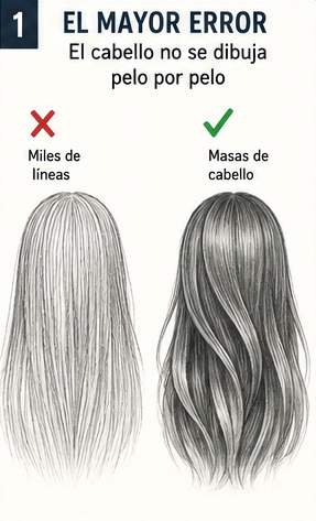 Cómo dibujar cabello correctamente comparando el error de dibujar pelo por pelo frente a dibujar masas de cabello con volumen.