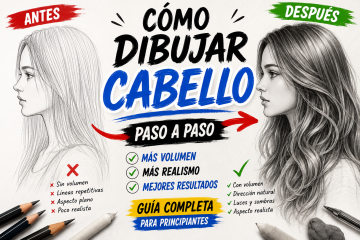 Comparación antes y después sobre cómo dibujar cabello paso a paso con volumen, sombras, mechones y un acabado mucho más realista.