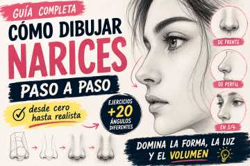 Portada de la guía cómo dibujar narices paso a paso con ejemplos de nariz de frente, perfil y tres cuartos, además de ejercicios para aprender dibujo realista.