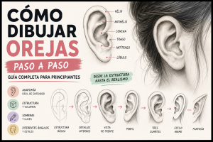 Cómo dibujar orejas paso a paso mostrando la anatomía de la oreja, la estructura básica, diferentes ángulos, sombreado y estilos como realista y anime.