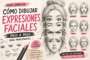 Cómo dibujar expresiones faciales paso a paso con ejemplos de alegría, tristeza, enojo, sorpresa, miedo, asco, sombreado y ejercicios prácticos.