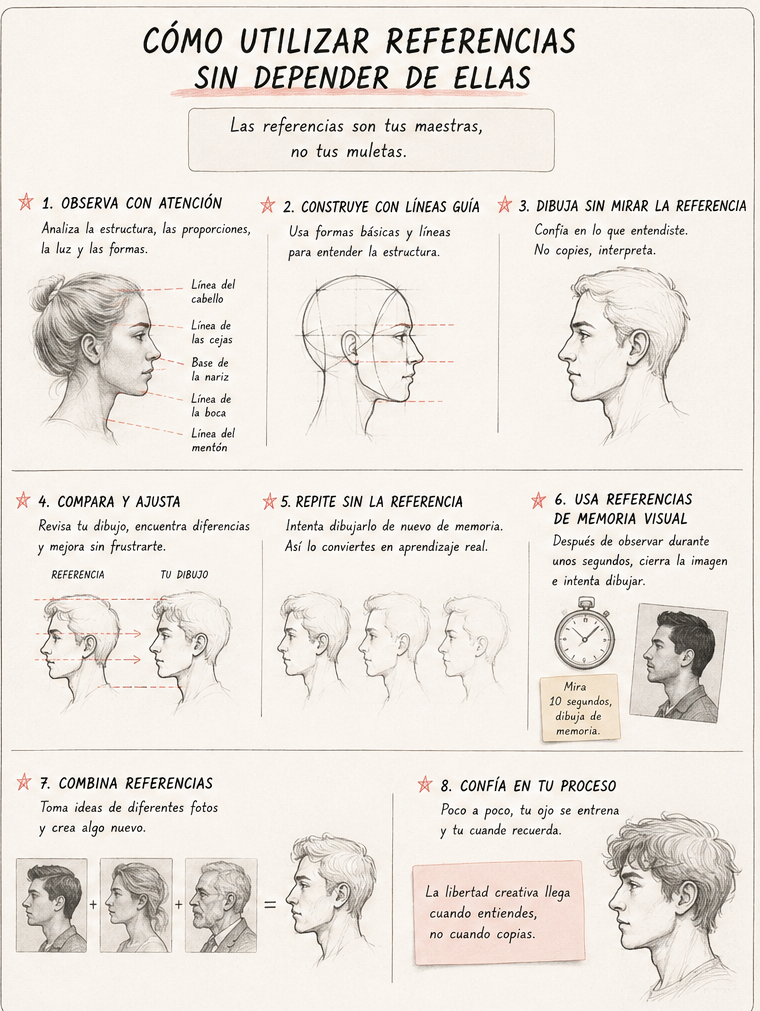 Guía paso a paso para observar referencias, simplificarlas y dibujar perfiles de memoria.