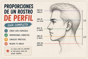 Rostro de perfil a lápiz con líneas guía de cabello, cejas, nariz, boca y mentón.